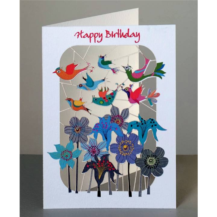 Happy birthday - birds flying over flowers (pack of 6)