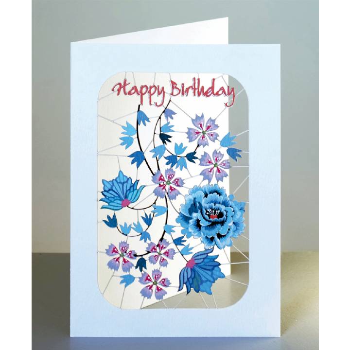 Happy birthday - blue and pink flowers (pack of 6)