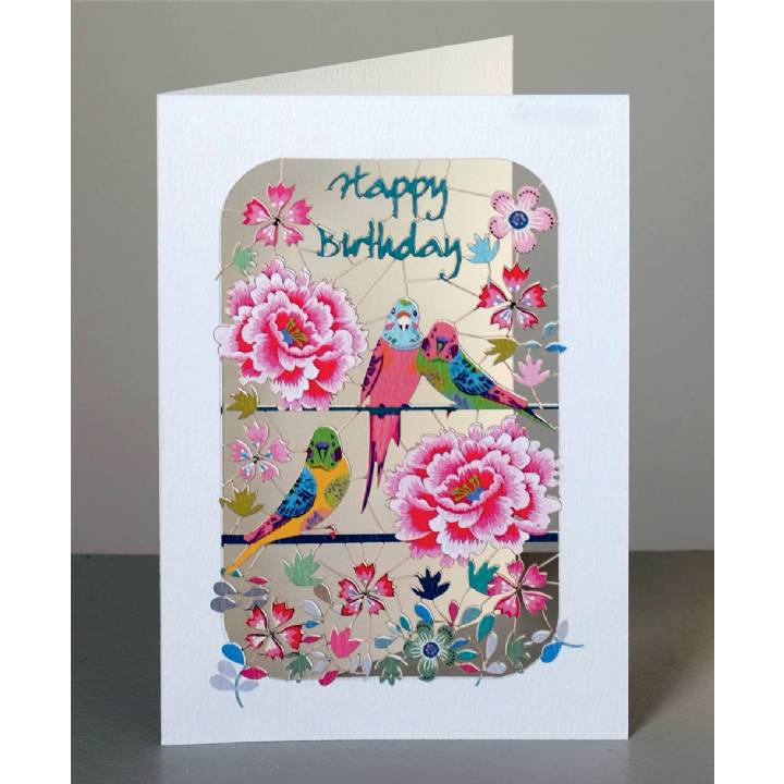 Happy birthday - budgies and peonies (pack of 6)