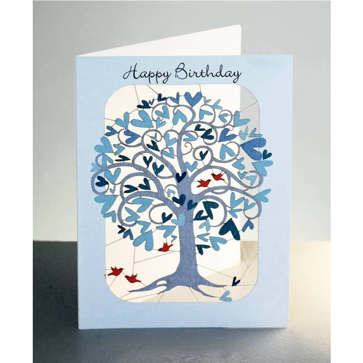 Happy birthday - curling blue heart tree (pack of 6)
