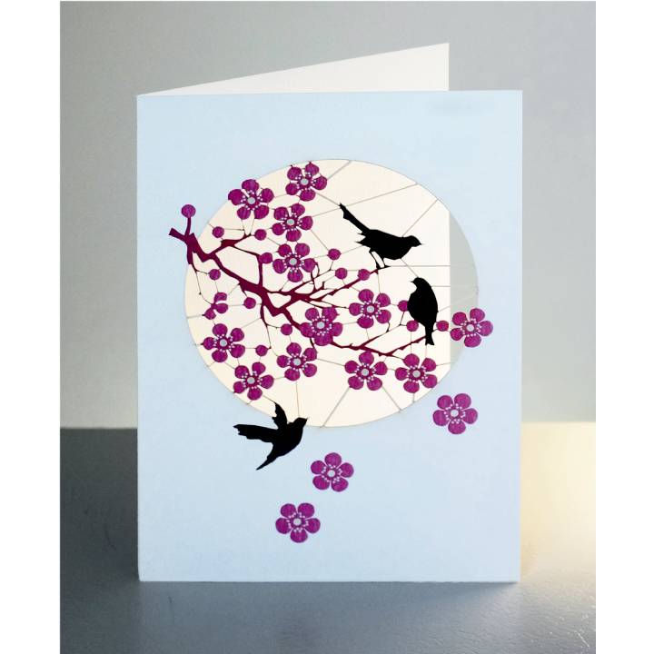 Deep pink blossom & black birds (pack of 6)