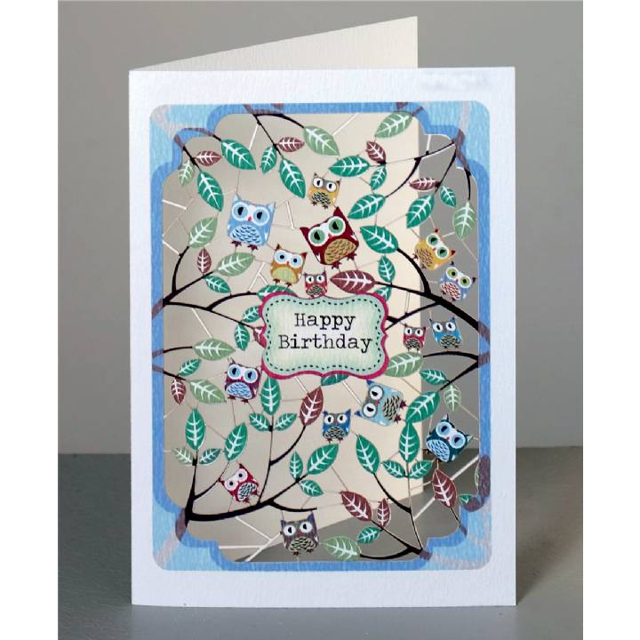 Happy birthday - owls and leaves (pack of 6)