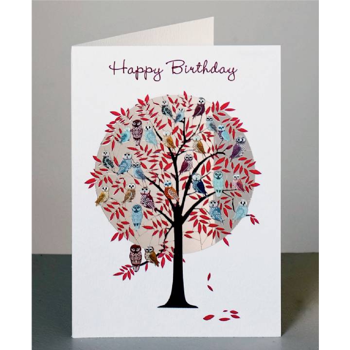 Red tree full of owls - happy birthday (pack of 6)