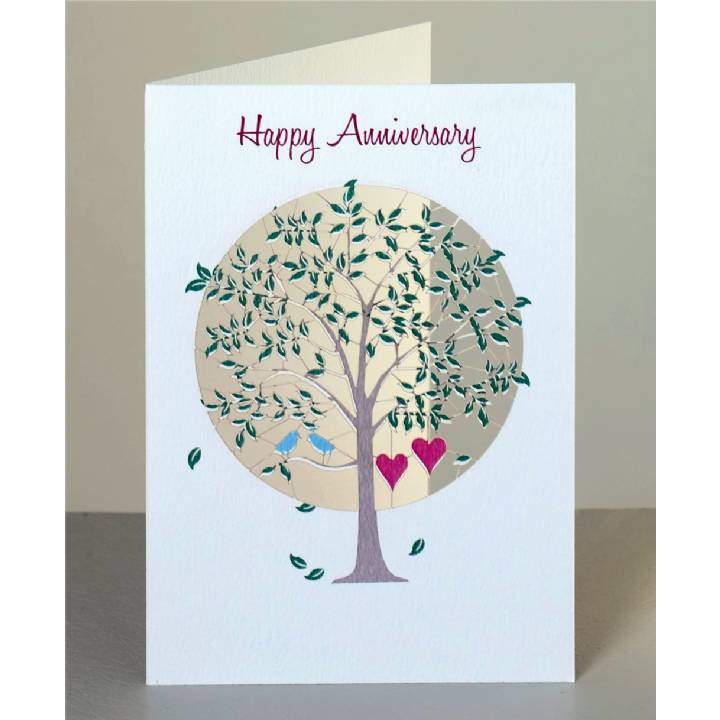 Happy anniversary - green tree and two hearts (pack of 6)