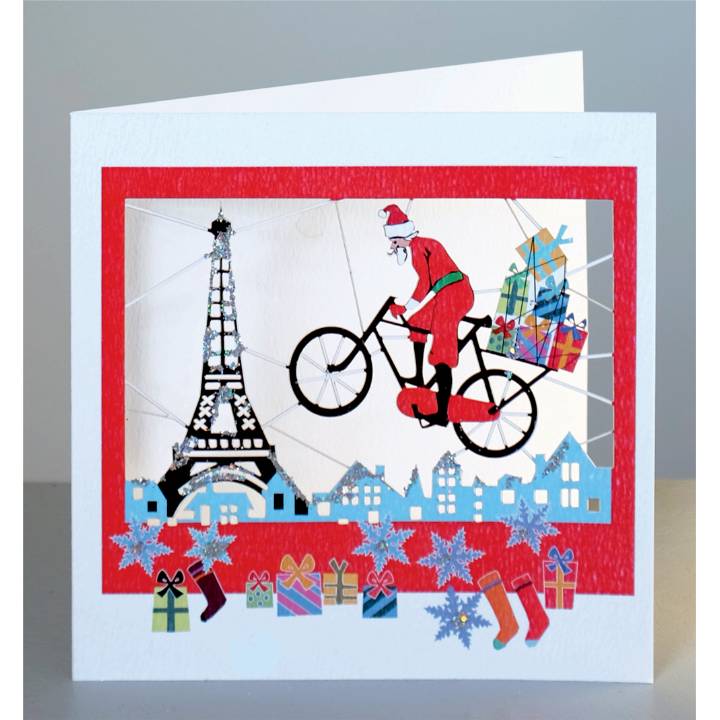 Santa on a bike over the Eiffel Tower (pack of 6)