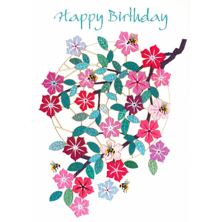 Happy birthday - pink flowers and bees (pack of 6)