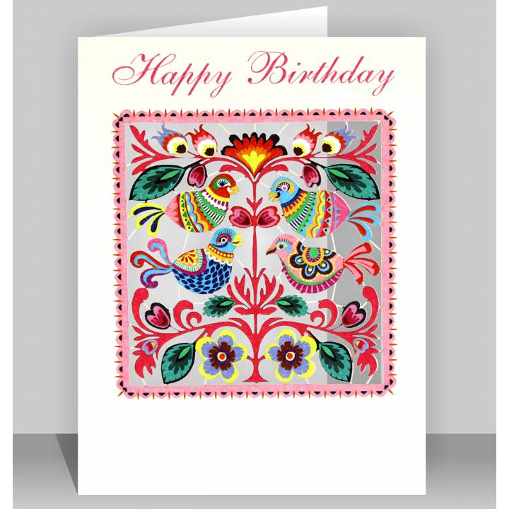 Happy Birthday - Folk Art Birds in a Square (pack of 6)