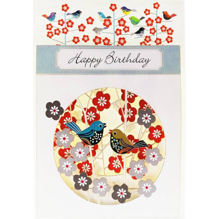 Happy Birthday - birds and red flowers (pack of 6)