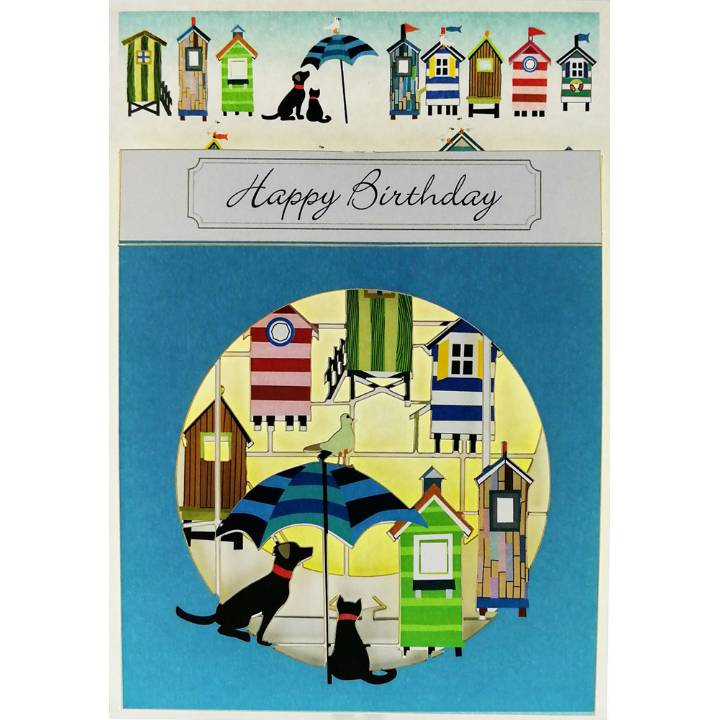 Happy Birthday - dog, cat and beach huts (pack of 6)
