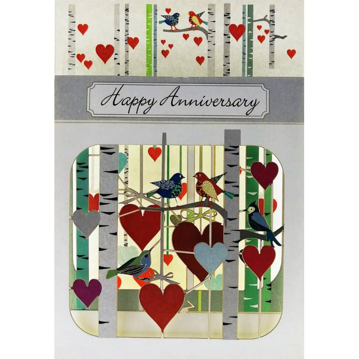 Happy Anniversary - woodland birds & hearts (pack of 6)