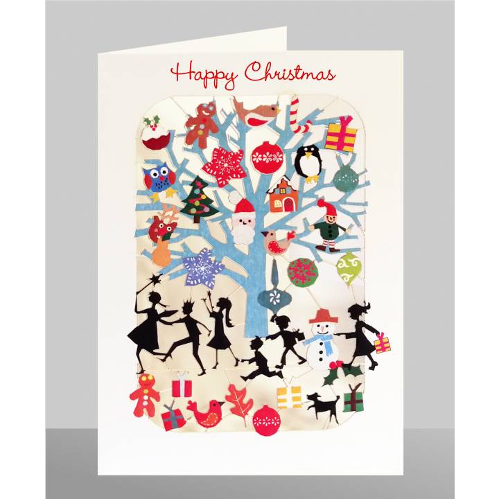 Children and blue tree - Happy Christmas