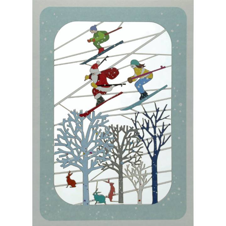 Santa & skiers over trees