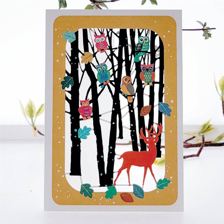 Owls in a tree with a stag (pack of 6)