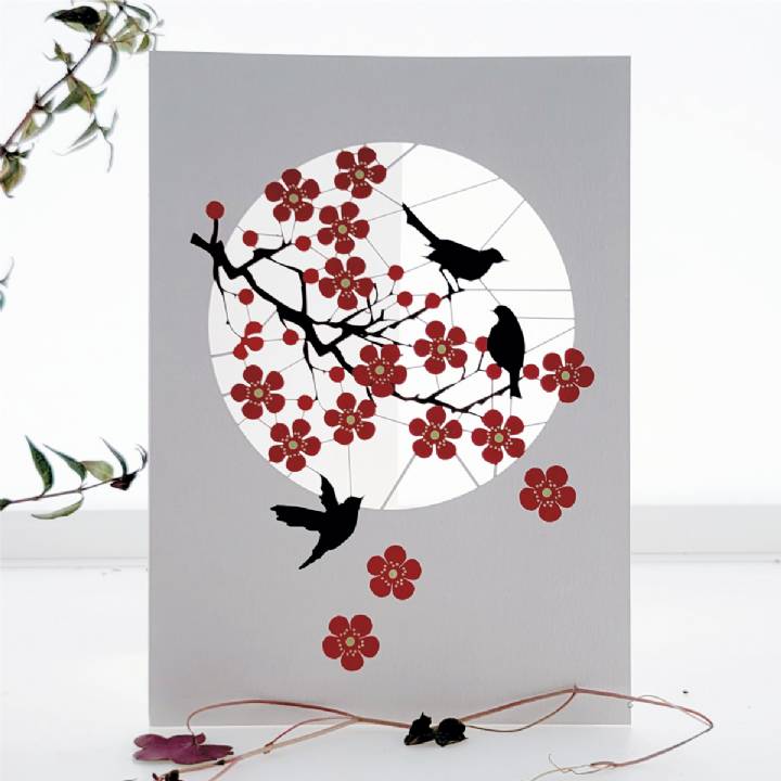 Red Blossom with Black Birds (pack of 6)
