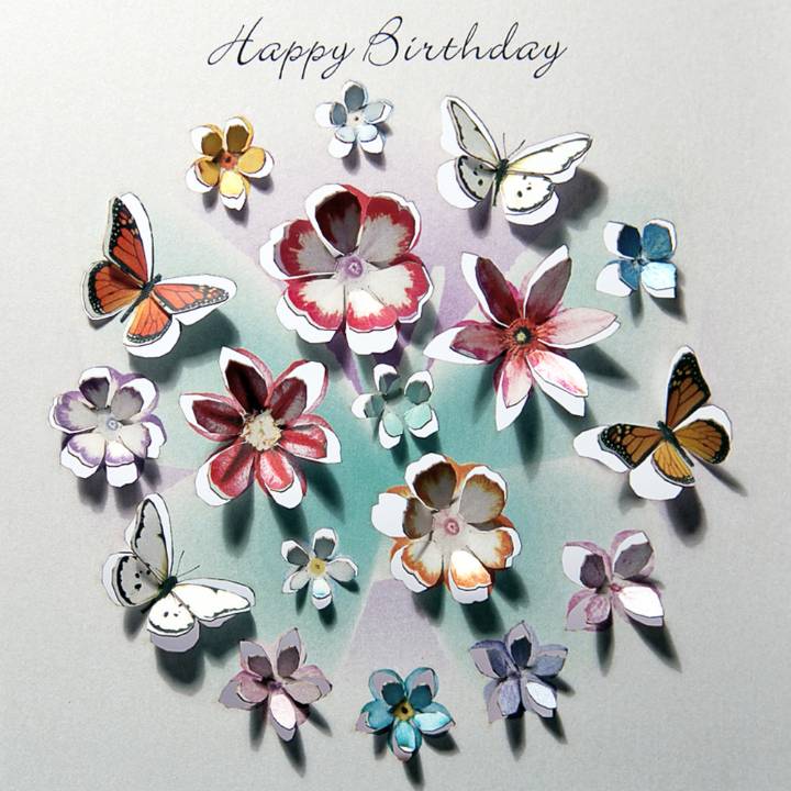 Happy Birthday 3D card with butterflies and flowers (pack of 6)