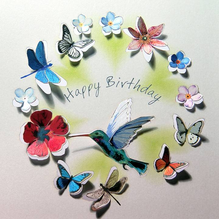3D hummingbird Happy Birthday card (pack of 6)